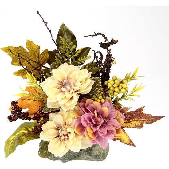 Kunst Dahlia Arrangement op Kunststeen Kunstbloemen Herfst Arrangement Halloween Kunstdecoraties Tafelornamenten voor Halloween Thanksgiving Herfstdecoratie