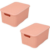 Mand met deksel in rotan design, set van 2, maat S 7 l, BPA-vrije kunststof PP, zalmroze, 28,5 x 19,5 x 12,9 cm, 2 stuks