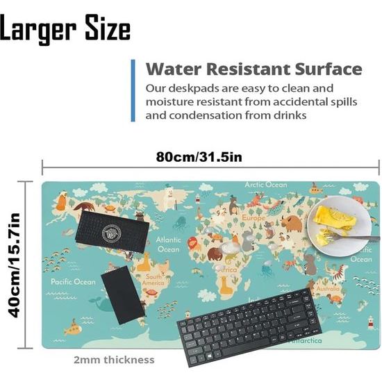 Bureauonderlegger, leer, waterdicht en vuilafstotend, bureauonderlegger, eenvoudig te schrobben en geurneutraal bureauonderlegger kinderen, werelddiergeografie muismat XXL