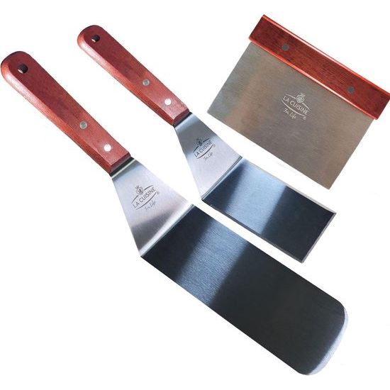 Stainless Steel Grill Spatula Set - Heavy Duty Long Plancha Spatula, Burger Smash Spatula, Chopper / Scraper with Solid Wood Handle, Ideal for Grill, Teppanyaki, Kitchen