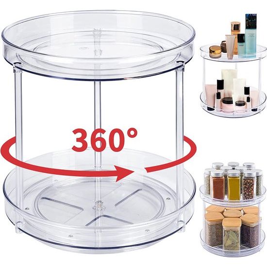 Lazy Susan Koelkastorganizer, draaibare kruidenhouder, draaitafel, kast, organizer, keuken, draaibaar kruidenrek, doorzichtig, kruidenorganizer, keukenrek, twee verdiepingen, 23 cm