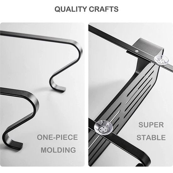 Doucheplank, glazen wand, badkamerrek, hangplank, doucheplank ophangen, hoekplank, doucheplank met stabiele zuignap en haak voor badkamer, keuken, opslag, aluminium, dubbele douchemand