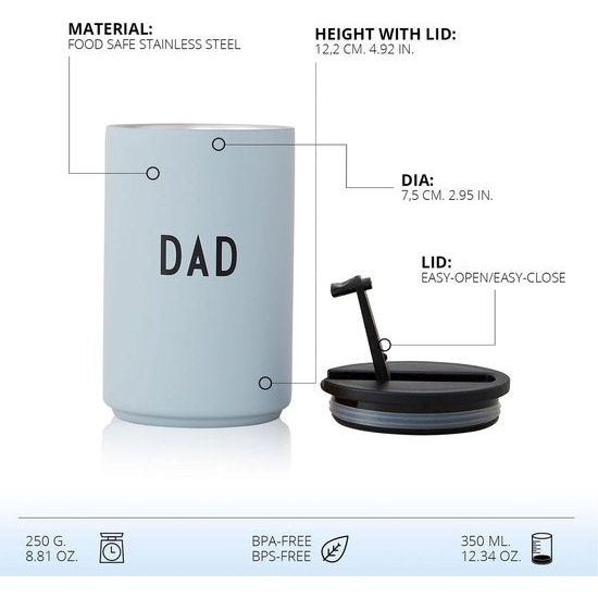 Thermo Cup Grijs DAD BPA-vrij 350 ml koffiemok to Go roestvrijstalen reismokdeksel met eenvoudig openings-/sluitsysteem Scandinavisch design