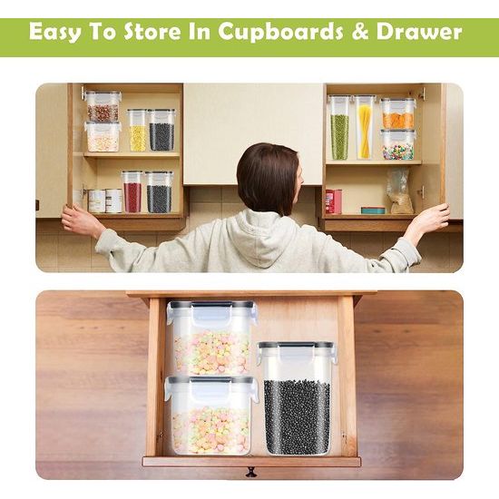 Voorraaddozen, set van 14, opbergdoos, keuken, 2.8 l/2 l/1.4 l/0.8 l, vershouddozen met deksel, air density voorraadpot, keuken organizer met labels en lepel voor spaghetti, meel, muesli