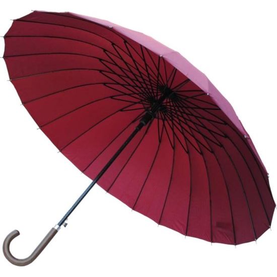 24 Ribs for More Resistance - Very Strong - Triple Layer Frame - Reinforced with Fibreglass - Automatic Umbrella - Windproof Umbrella Wooden Handle, Burgundy red