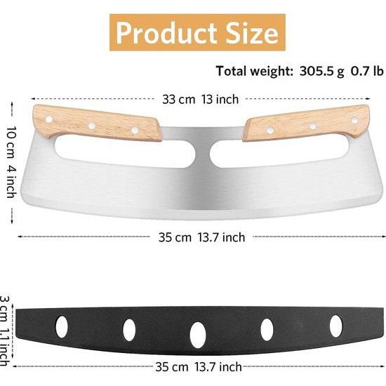 Pizza wiegmes, pizzasnijder met dubbele houten handgreep, pizzames van roestvrij staal met beschermhoes, geschikt voor het snijden van pizza, 35 cm