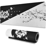 Grote gaming-muismat, zwart en wit, Cherry Blossom, genaaide randen, muismat, lange antislip rubberen onderkant, 300 x 800 x 2 mm, voor pc, MacBook, laptop