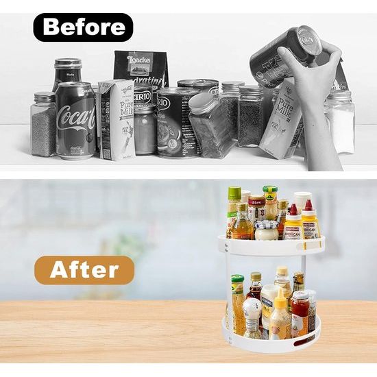 Kruidenrek, kruidenhouder, draaibare plaat, kruidenorganizer 2 niveaus, draaibaar keukenrek, keukenorganizer, draaibaar keukenrek, kruidenrek van kunststof voor specerijen, olie, kruidenflessen