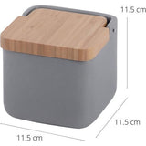 Zoutpot keramiek met klapdeksel van bamboe, praktische zoutpot en zoutcontainer voor de keuken, zoutvat keramiek met deksel, ideaal als zoutpot, mat grijs, 11,2 x 11,2 x 11,2 cm