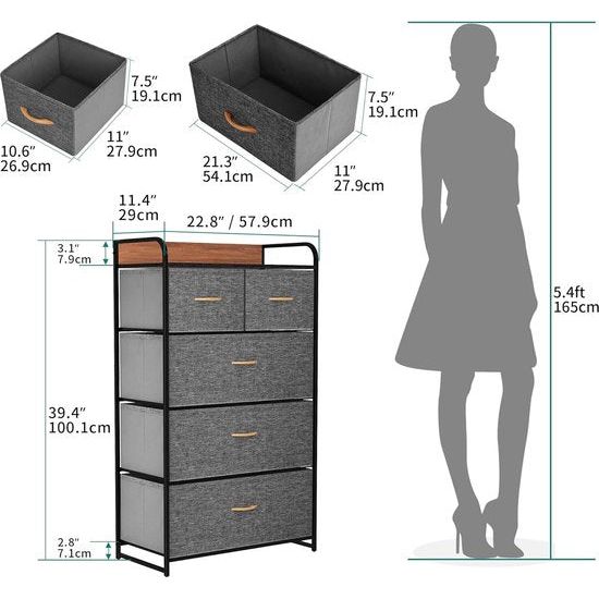 Commode met laden, kast met 5 laden van stof, opbergkast, industriële stijl voor slaapkamer, woonkamer, kinderkamer, hal, donkergrijs opbergkast