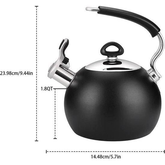 heeketel voor kookplaat, roestvrij staal, fluitje, theepot voor kookplaat, 1,9 l, theeketel, kookplaat, zwart