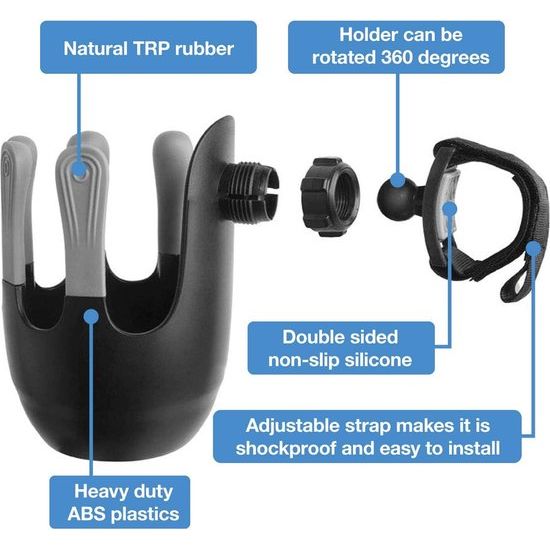 Drankhouder voor kinderwagen en buggy, bekerhouder, flessenhouder, babyflessenhouder, flessenhouder met 360° scharnier, anti-slip bevestiging en klittenbandsluiting
