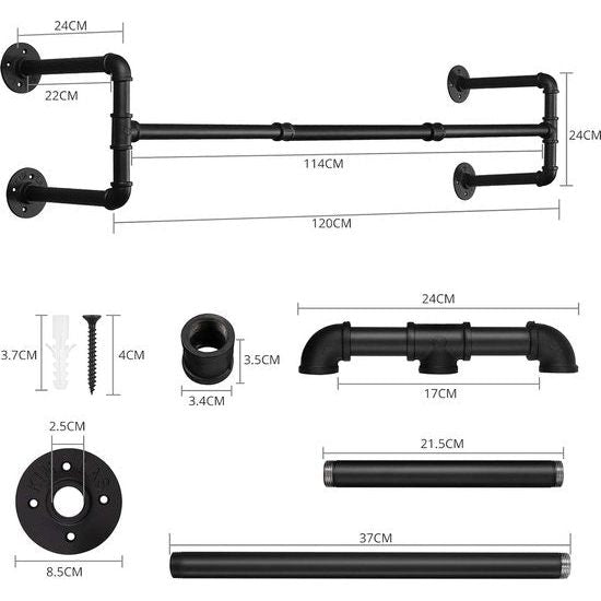 Kledingrek, zwart, kledingroede, 120 cm, hangend kledingrek, afneembaar ijzeren kledingrek, wandrailplank, ruimtebesparende ruimte voor maximaal 60 kg