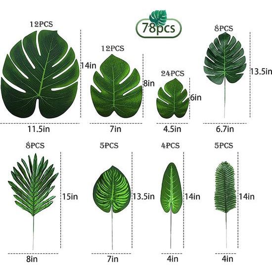 78 stuks 8 soorten nepbladeren, tropische palmbladeren, monsterabladeren, safaripark kunstmatige bladeren,