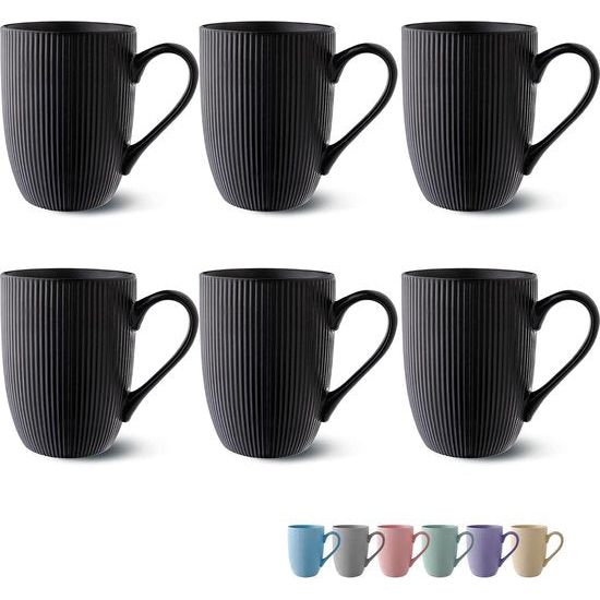 Koffiekopjes set van 6 moderne zwarte koffiekopjes - uniek strepenpatroon - mat keramiek - magnetronbestendig - vaatwasmachinebestendig & comfortabele grip