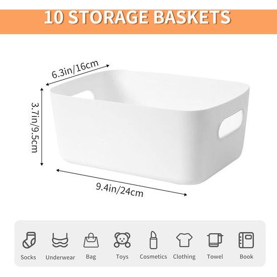 Set van 10 plastic opbergdozen met handgrepen, een keukenkast organizer box, manden voor opslag en een plastic doos voor de badkamerplank (wit).