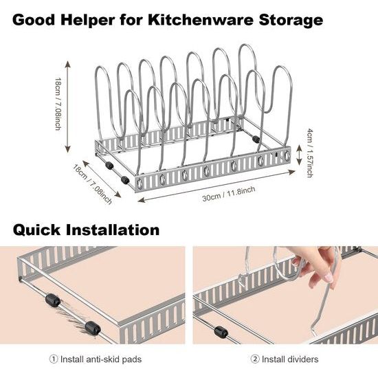 pannenhouder voor lade, uitbreidbare potdekselhouder met 7 verstelbare verdelers, potdeksel opbergpan organizer dekselhouder voor keuken, zilver