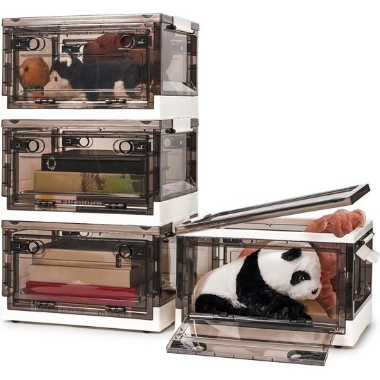 stapelbare opbergdozen van 24 liter met deksel en opening aan de voor- en achterkant, set van 4 opvouwbare mandorganizercontainers met wielen voor huishouden, badkamer, keuken - transparant zwart & Wit