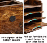 Houten bureaublad, 4 niveaus in het vak, A4-formaat, archiefhouder, magazijn, organizer, papieropslag, kantoor, bureau, netjes aktenhouder, rek, bruin
