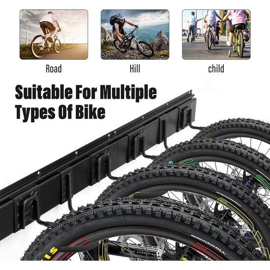 Wandgemonteerd fietsenrek - 6 fietsen + 3 helmen, race- of mountainbikerek - Verticaal wandgemonteerd fietsenrek (binnenbreedte: 90 mm)