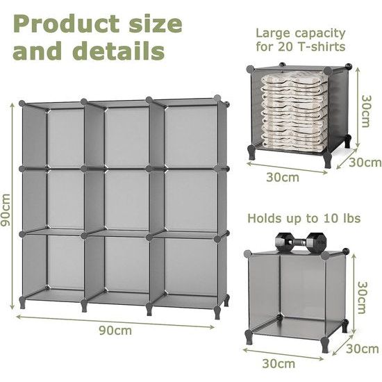 Cube-opslag, 9 dobbelstenen, stapelbaar, schoenenrek, boekenkast, plastic kasten, draagbare kledingkast voor slaapkamer, woonkamer, badkamer, (30,5 x 30,8 x 30,8 cm per kubus) grijs