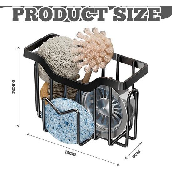 Sponshouder Keuken Vaatdoek Houder 3-in-1 Gootsteen Organisator, Keuken Organisator Gootsteen Organisator Roestvrij Staal Keukengerei Organisator Keuken voor Spons Wasmiddel Borstel (Zwart-S)