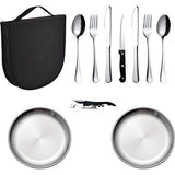 Campingbestekset Barbecuebestek Reisbestek met lepel, mes, vorken, wijnopener en bord voor 1-2 personen - Perfect voor buiten wandelen Campingbarbecuefeest
