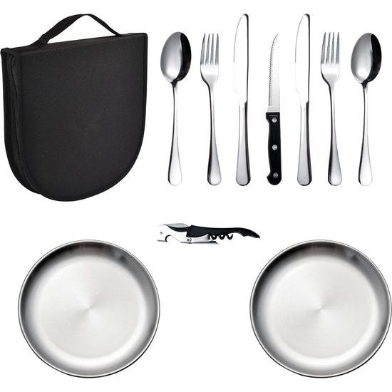 Campingbestekset Barbecuebestek Reisbestek met lepel, mes, vorken, wijnopener en bord voor 1-2 personen - Perfect voor buiten wandelen Campingbarbecuefeest