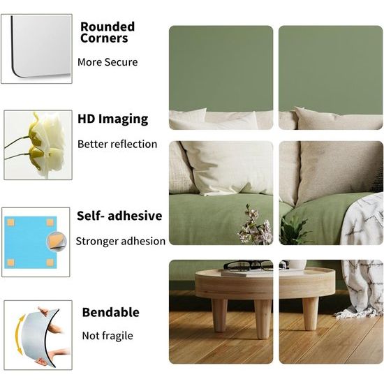 Afmetingen van de spiegelbladen: de zelfklevende spiegel is 20 cm lang en 20 cm breed en bestaat uit 4 delen