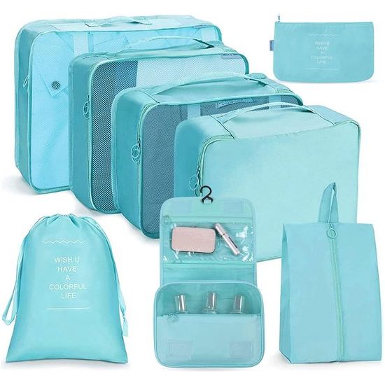 Kofferorganizerset, 8-delig, verpakkingsblokjes, waterdichte reiskledingzakken, inpakzakken voor koffer, kofferorganizer, reistas met make-uptas, schoenentas, USB-kabeltas (lichtblauw)
