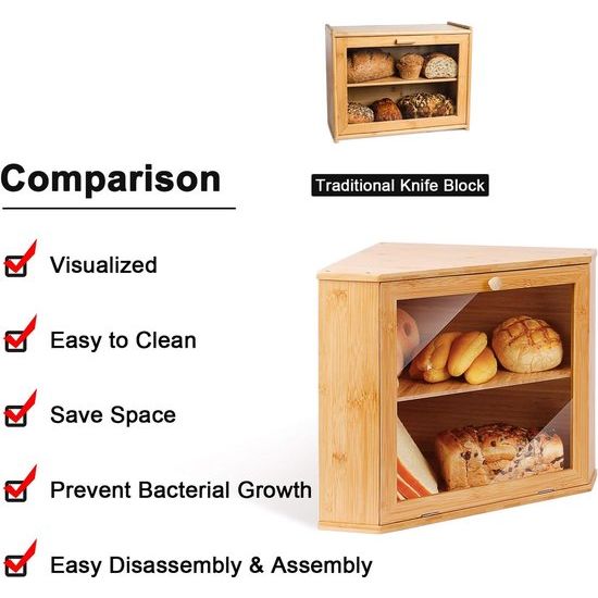 Bamboo Bread Bin, Bread Box, Food-Safe Bread Storage Bin, Easy to Clean