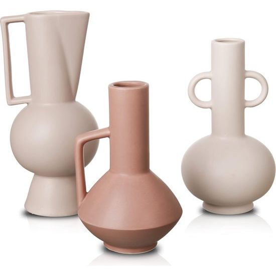 Morandi Vaasdecoratie voor Valentijnsdag, 3-delige set beige roze vazen met handvat, decoratieve mat bloemenvaas voor woonkamer, slaapkamer, kantoor, schoorsteenmantel