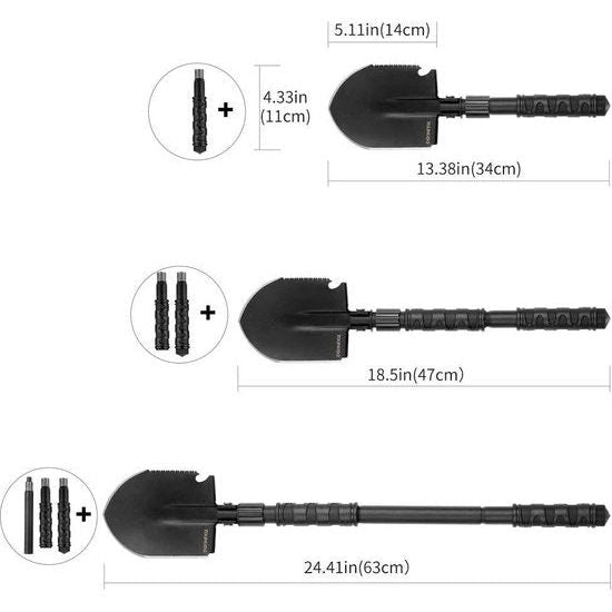 Vouwschep 14 functies, Multifunctionele Vouwschep met 3 lengtecombinaties, Roestvrijstalen schop van hoogwaardig gelegeerd staal, verwijderbare sneeuwschep voor overleving / Tuin / camping