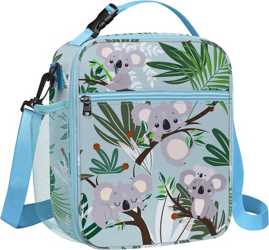 Kleine geïsoleerde lunchtas voor kinderen, meisjes en jongens, grote draagbare lunchtas voor picknick, scholen, lichte koeltas met flessenhouder, lekvrij, tasriem, groene koala's