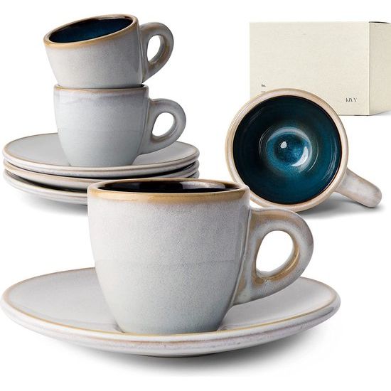 Espressokopjes, set van 4 x 75 ml, handgemaakt van dikwandig aardewerk, set espressokopjes met schotel, espressokopjes dikwandig Italiaans, aardewerk, mok, espressobekerset, blauw