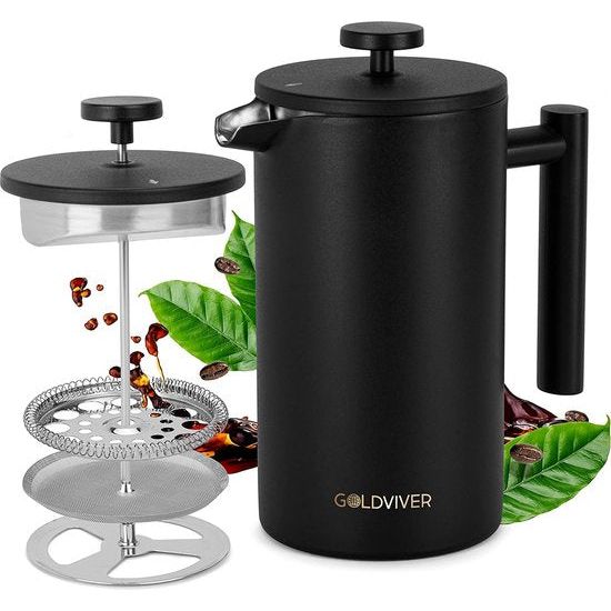 Goldviver® Premium French Press Koffiepers, roestvrij staal, S-304 roestvrij staal, dubbelwandige thermoskan van 0,8 mm, geïsoleerd, handmatige koffiemachine, mat zwart