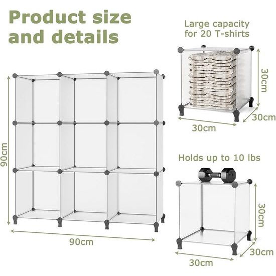 Schoenenrek, DIY Cube planksysteem, set van 9 steekplanken, ruimteverdeler van kunststof, opslag van kleding, schoenen, voor slaapkamer, semi-transparant