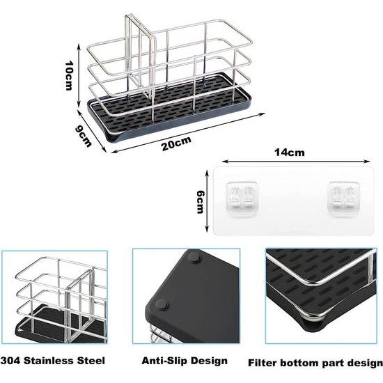 Sponshouder keuken, spoelbakorganizer zwart, 304 roestvrij stalen wastafel, opbergrek verstelbare plaat, zeepbakje met haak om op te hangen, lekbak