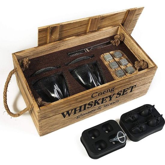 Whiskey Stones en Bril Gift Set voor Mannen, 10oz Whisky Glazen Set van 2 + 6 Whiskey Rocks Chilling Stones met Houten Doos, Cadeau voor Hem Vriend Vader Verjaardag