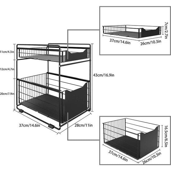 2-laags organizer met opbergruimte onder de gootsteen Schuifkast Mand Trek Snack Organizer Keuken Badkamer Slaapkamer Kantoor -Zwart