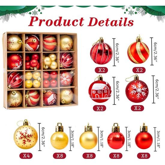 Pack of 44 Christmas Tree Baubles, Red and Gold, Sparkling Christmas Tree Baubles, Shatterproof, Suitable for Indoor and Outdoor Use, Christmas Baubles Set