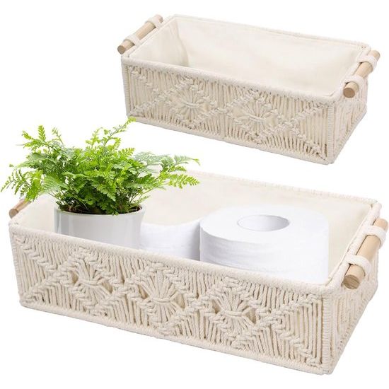 Set van 2 gevlochten opbergmanden, Boho decoratieve mand gevlochten met handvatten, handgemaakte macramé mand gemaakt van katoenen touw, kleine mand voor decoratie, geschenkmand, broodmand, snacksopslag (wit)