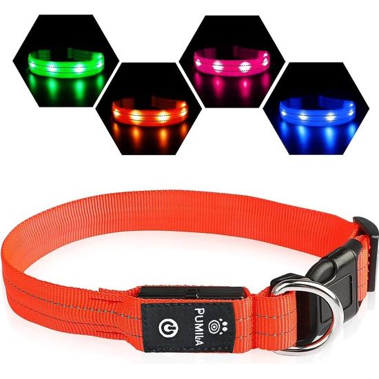 Hondenhalsband met ledverlichting, oplaadbaar, knipperend, reflecterend, instelbaar, robuust, voor grote, middelgrote en kleine honden, oranje-XS