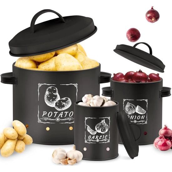 3-pack aardappelbewaardoos, veelzijdige aardappelpottenset met ventilatiesysteem houdt groenten langer vers, ideaal voor uienopslag en aardappelopslag (zwart)