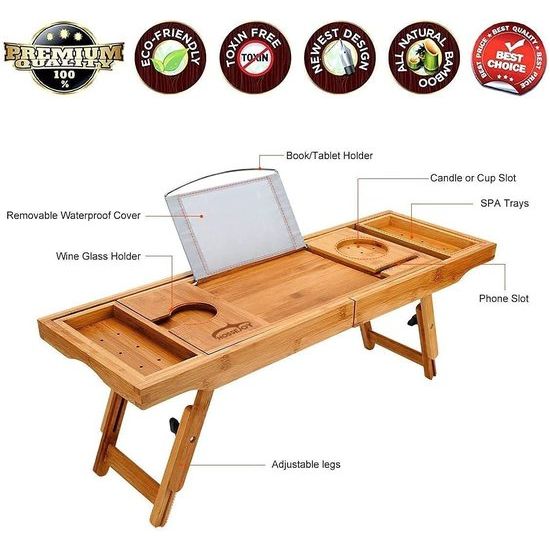 Bad-caddy & laptopbed bureau - 2-in-1, badkuip tablet standaard geïntegreerd voor boeken van tablets, badkamer en organizer met smartphone en wijnglashouder en tablethouder