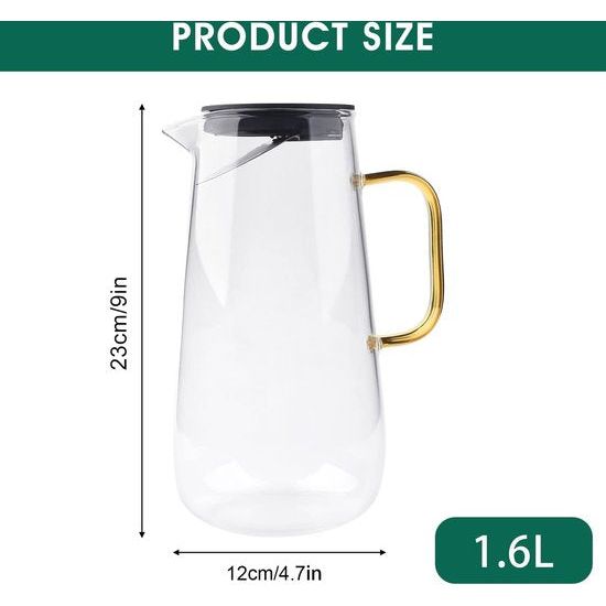 Glazen kan van 1,6 liter, met deksel, gemakkelijk te reinigen, hittebestendige glazen van borosilicaatglas met handgreep voor warme en koude dranken, water, melk, koude of warme dranken