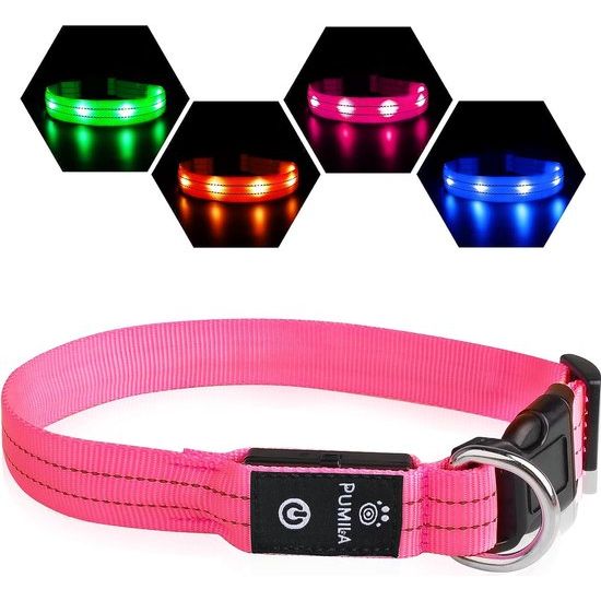 Halsband Oplichtende halsband Waterdichte oplichtende LED-halsband USB Oplaadbaar Knipperende reflecterende halsbanden Verstelbaar Super helder voor grote middelgrote kleine honden, Roze L