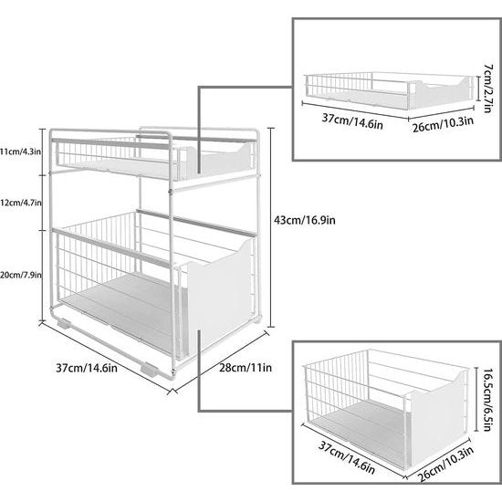 2 Tier Onder Sink Lade Organizer Schuifkast Uitschuifbare Mand Kruidenrek Snack Organizer voor Keuken Badkamer Slaapkamer Teller Pantry Kantoor Wit