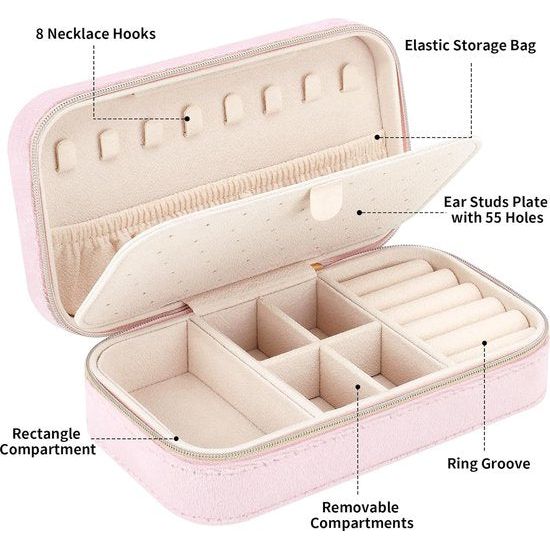 Klein fluwelen reissieradendoosje, klein fluwelen sieradendoosje voor meisjes en vrouwen, mini-sieradenorganisator voor ringen, oorbellen, kettingen, armbanden, klein sieradendoosje, roze