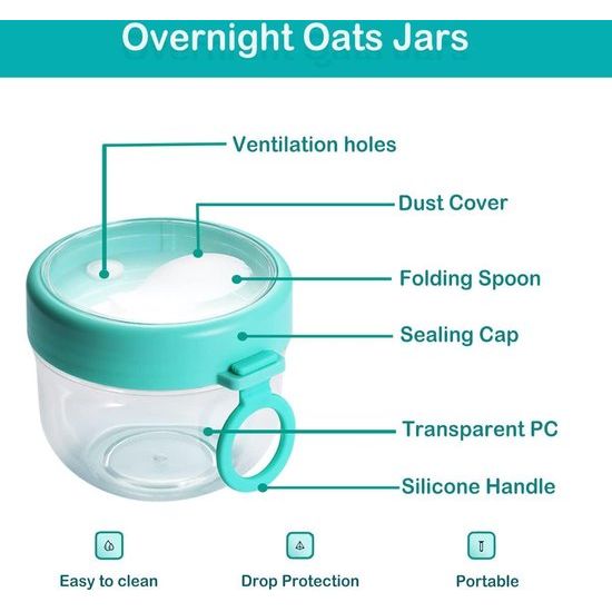 Overnight Oats potten set van 2, 600 ml Overnight Oat containers met deksel en lepel, magnetronverwarming, soepbeker, draagbare lekvrije plastic ontbijtbeker, yoghurtontbijtbeker